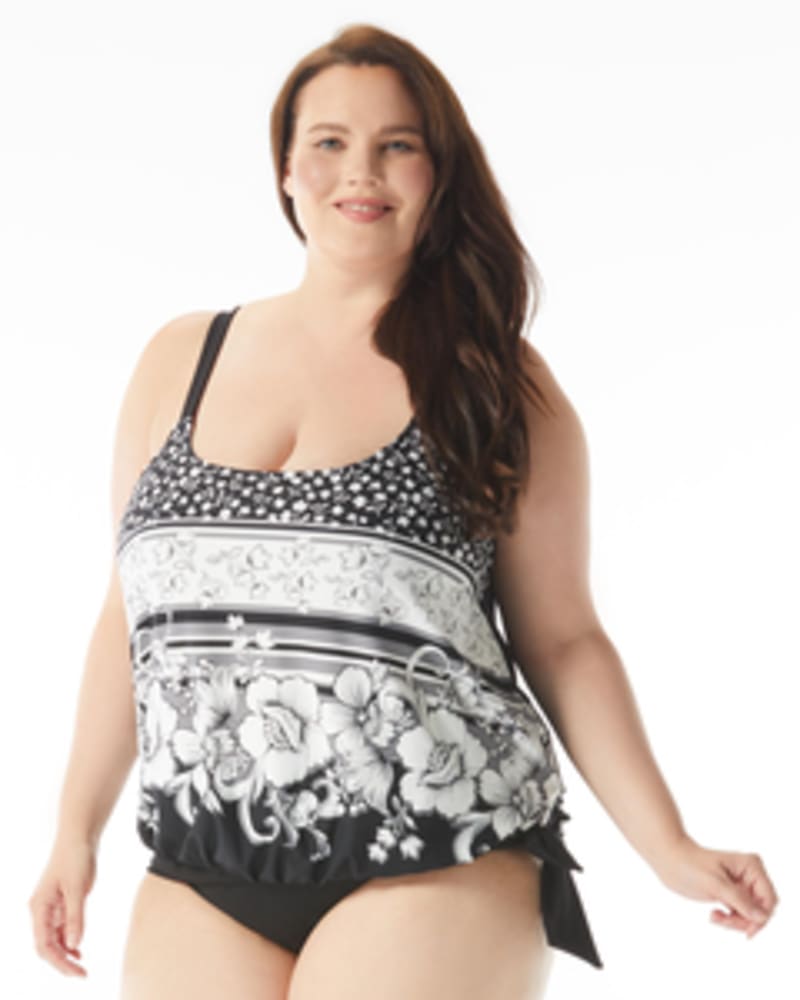 Front of a model wearing a size 16W Sarah Side Tie Tankini Swim Top in BLACK by Beach House Woman. | dia_product_style_image_id:269190